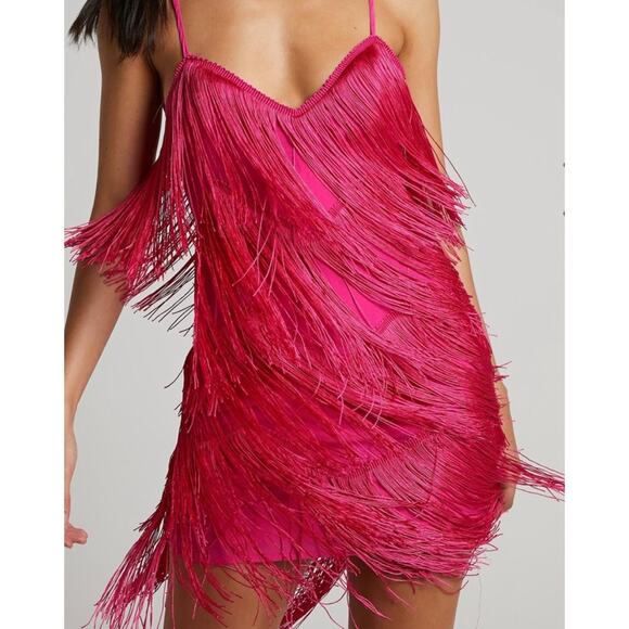 Soo Click Fringe Sleeveless V-Neck Mini Dress Hot Pink Women's Size Medium NWT - Picture 1 of 6